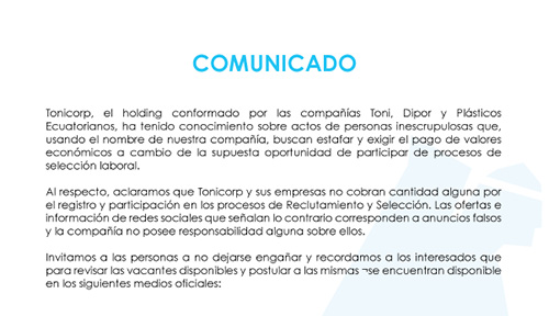 Tonicorp comunicado